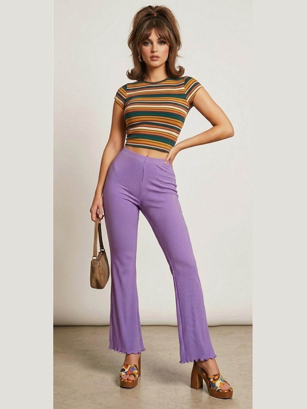 Purple Flare Rib-knit Pants with Lettuce Trim